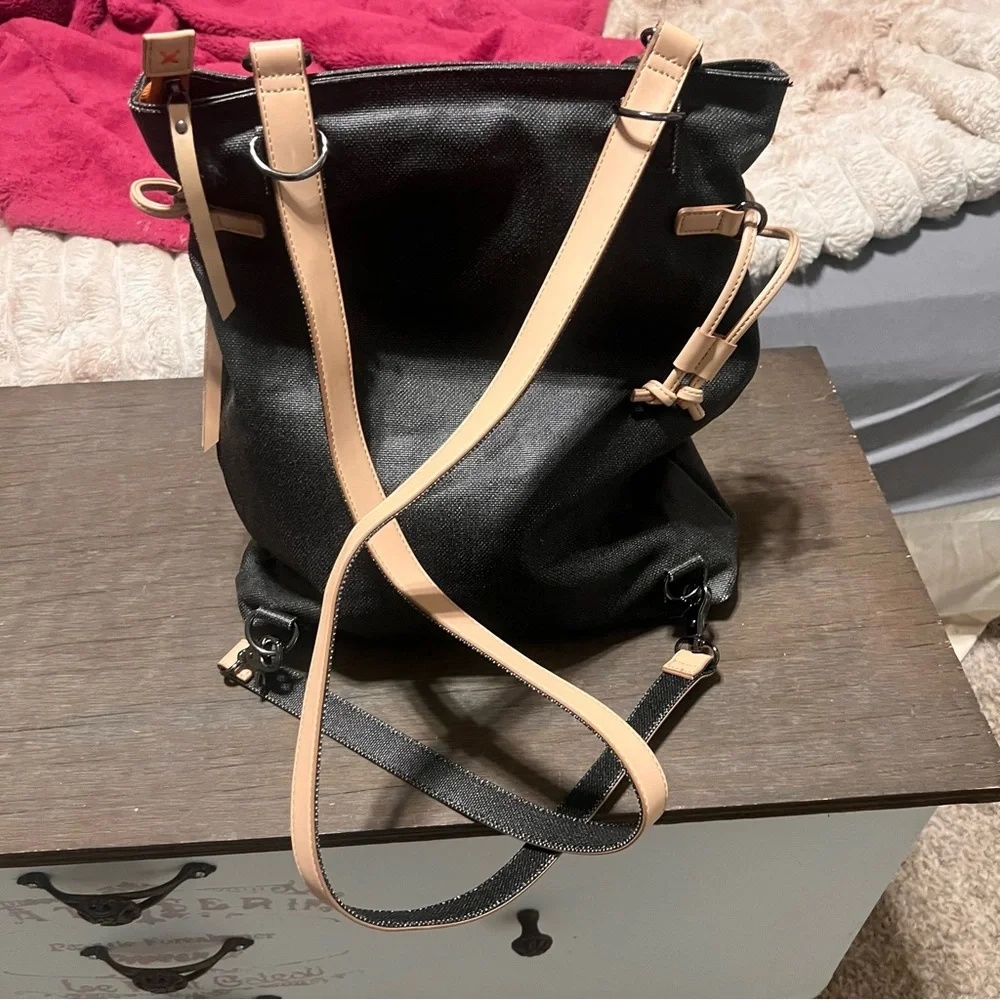 Sherpani Black and Tan Canvas Backpack with Orange Accents - Picture 3 of 10